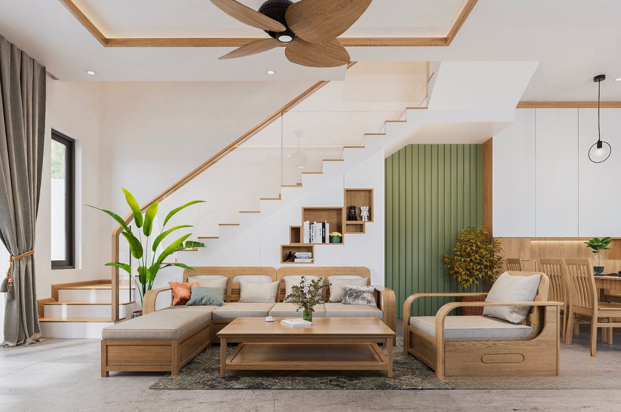 Thiết kế phòng khách liền bếp có cầu thang