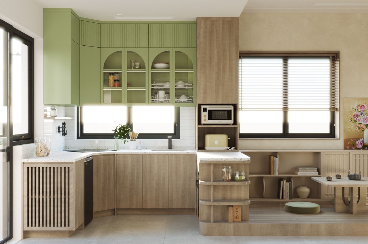 Thiết kế phòng khách liền bếp nhà ống - có quầy bar mini ấn tượng 