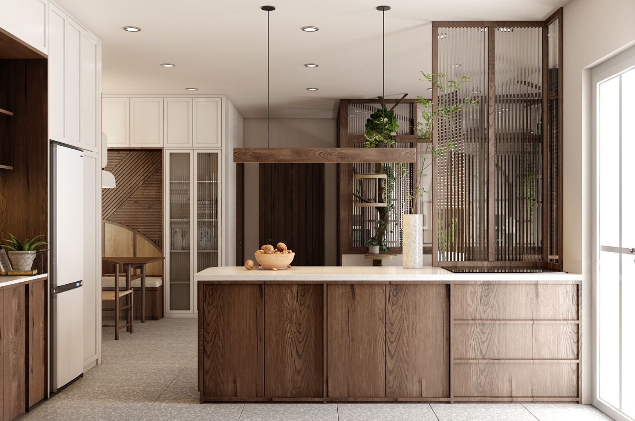 Thiết kế phòng khách liền bếp nhà ống - có quầy bar mini sang trọng 