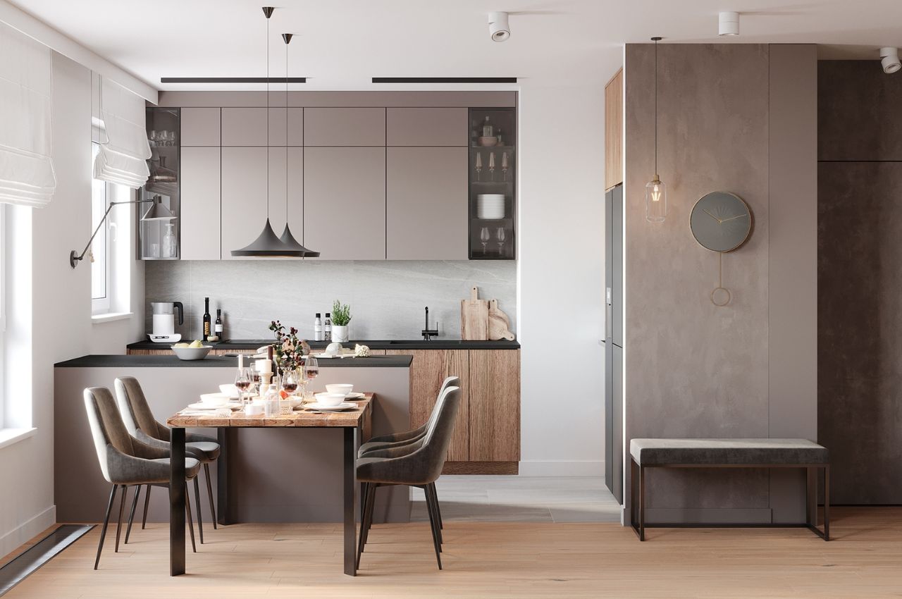 Thiết kế phòng khách liền bếp nhà ống - có vách ngăn hiện đại