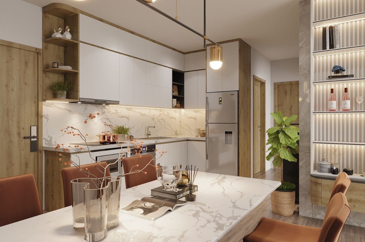 Thiết kế phòng khách liền bếp nhà ống - có vách ngăn