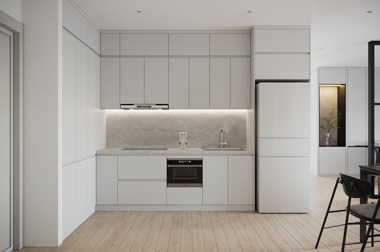 Thiết kế phòng khách liền nhà bếp phong cách hiện đại màu trắng thanh lịch