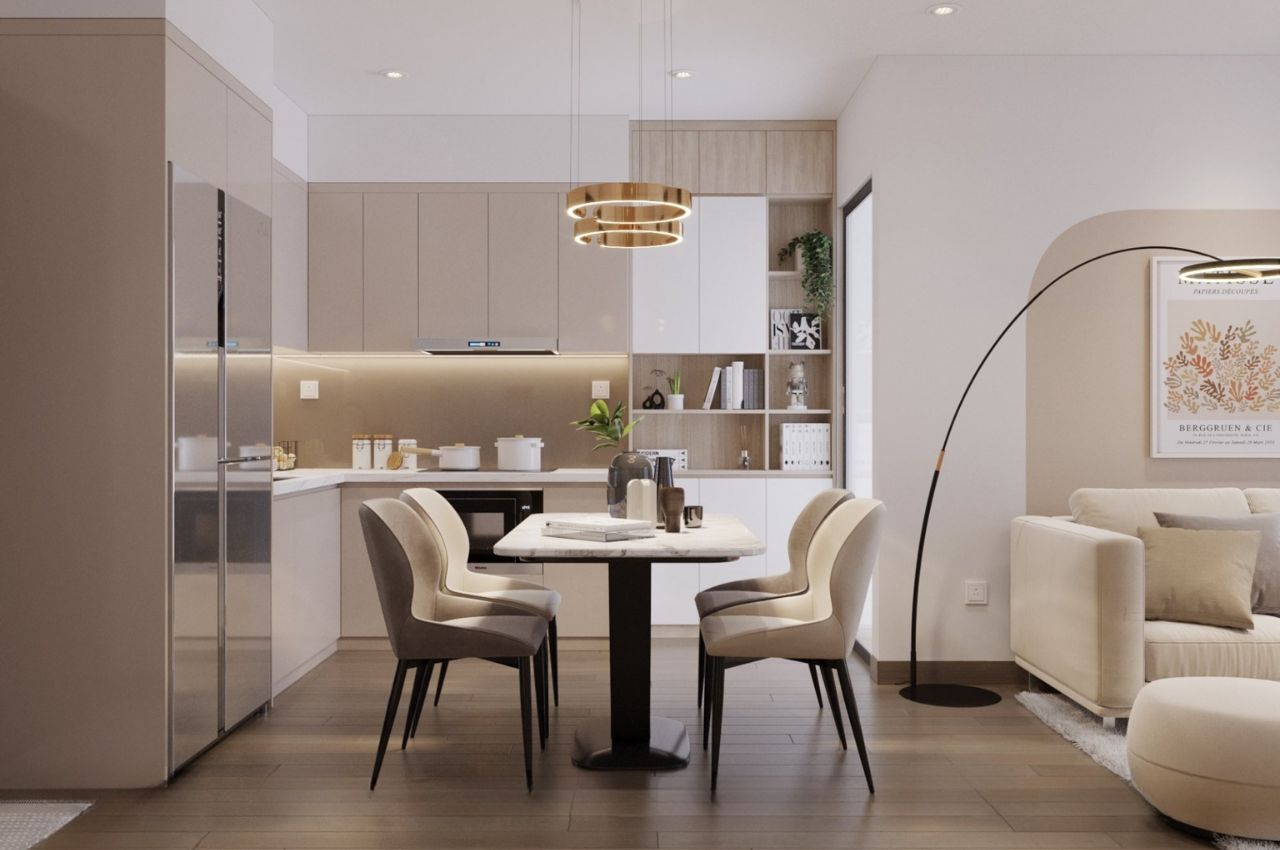 Thiết kế phòng khách liền nhà bếp phong cách hiện đại sang trọng