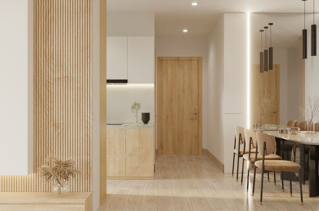 Vách ngăn phòng khách và bếp bằng gỗ công nghiệp hiện đại