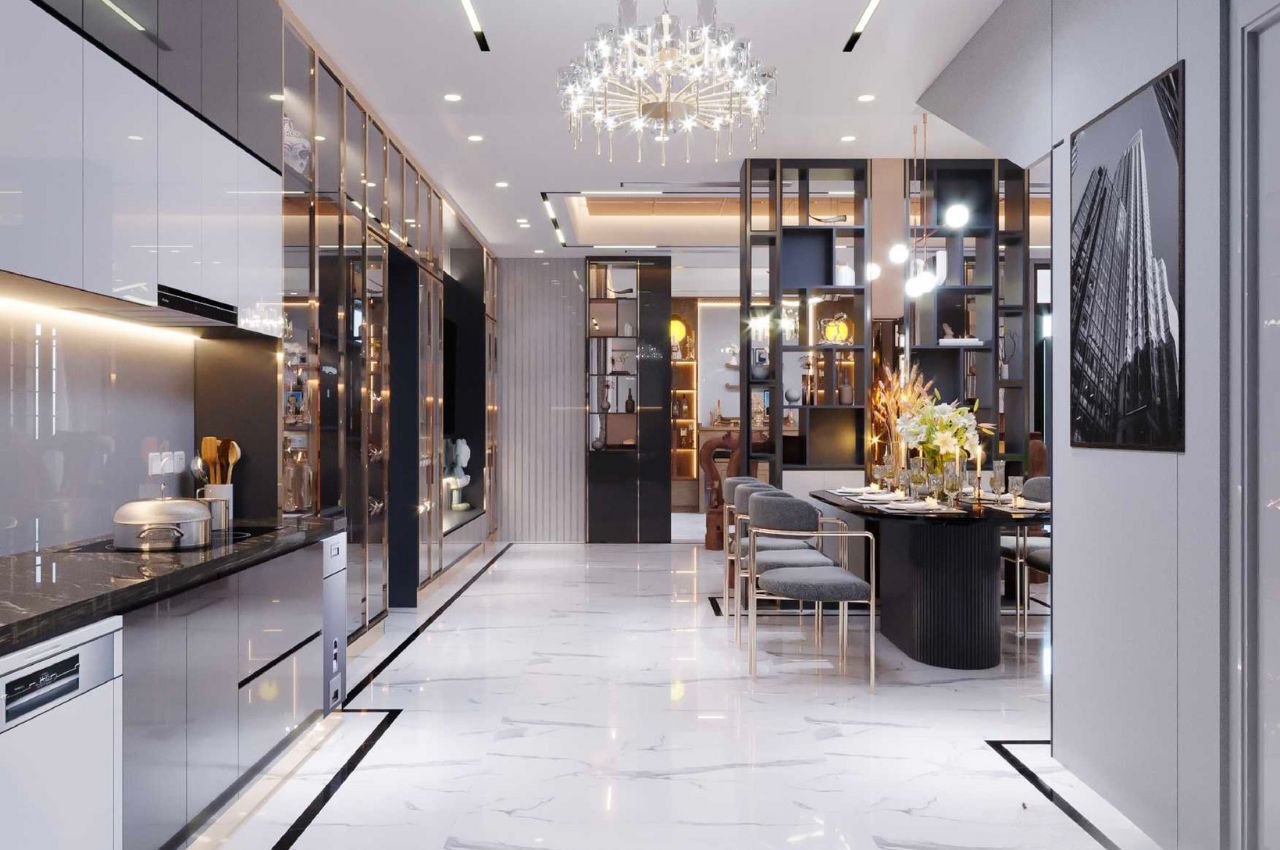 Vách ngăn phòng khách và bếp bằng gỗ công nghiệp 