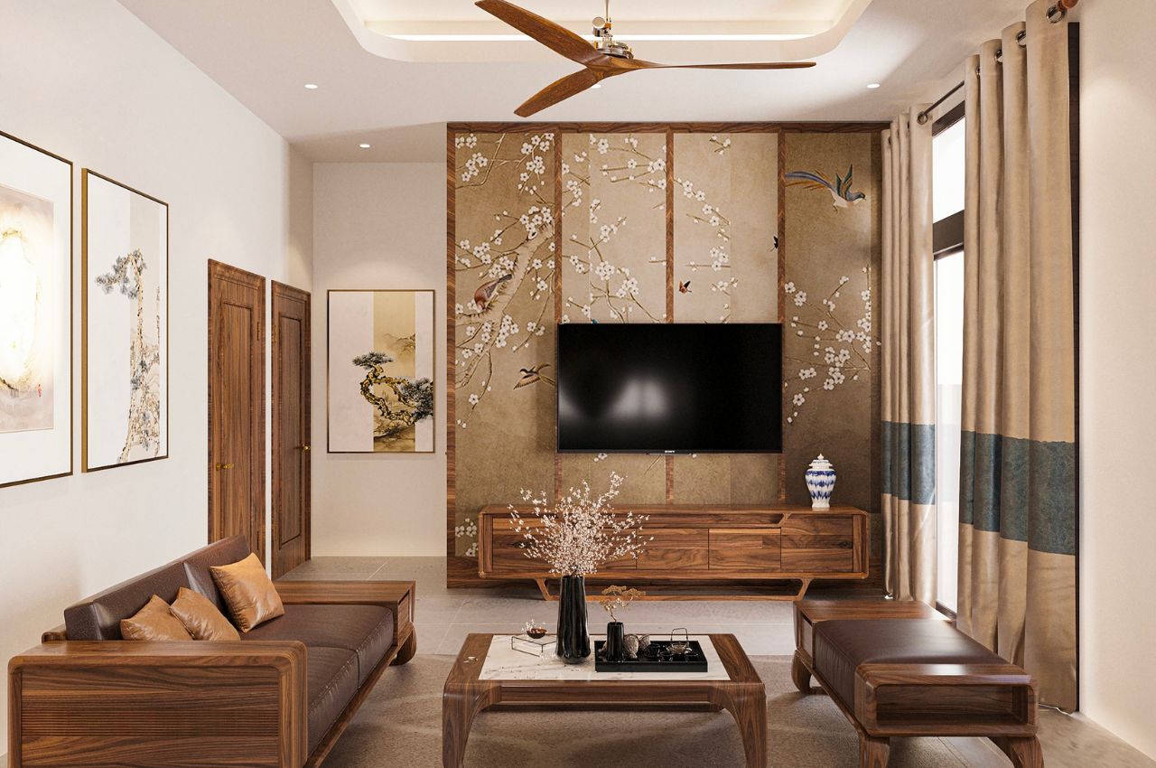 Vách ngăn phòng khách và phòng bếp bằng gỗ tự nhiên kiểu Nhật