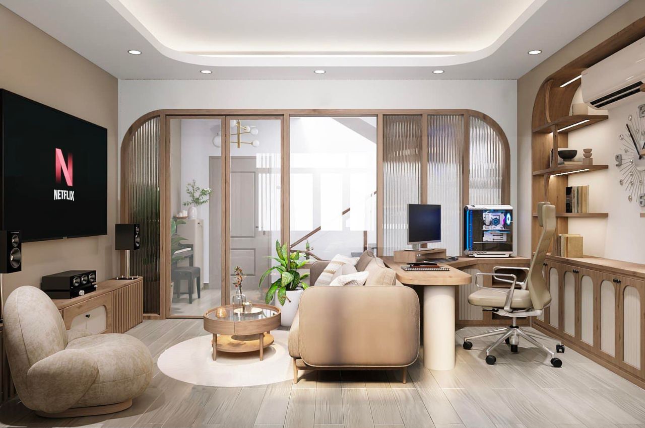 Vách ngăn phòng khách và phòng bếp bằng gỗ tự nhiên phối kính