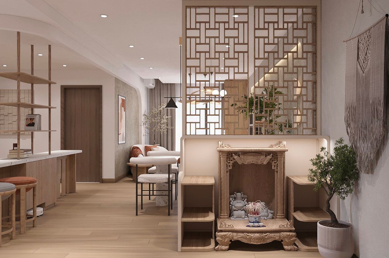 Vách ngăn phòng khách và phòng bếp bằng gỗ tự nhiên