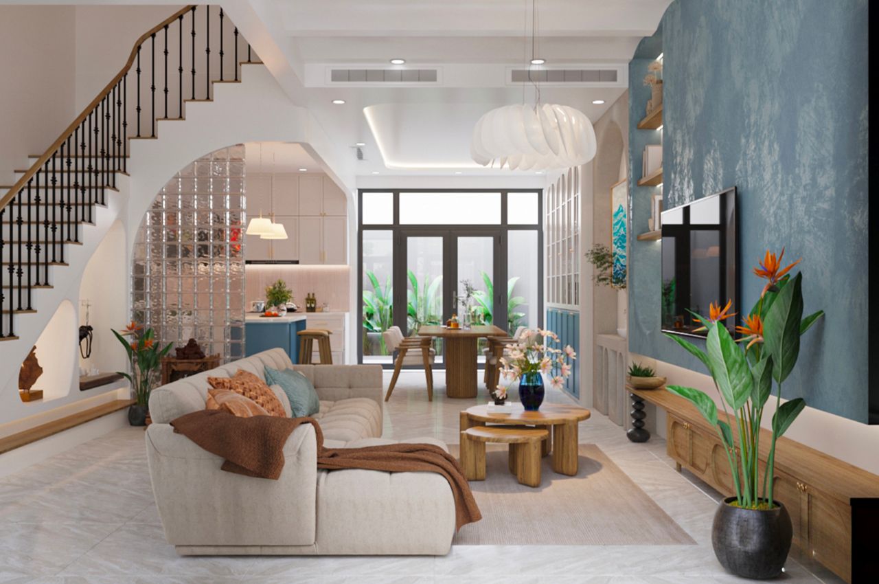 Vách ngăn phòng khách và phòng bếp bằng kính độc đáo, ấn tượng