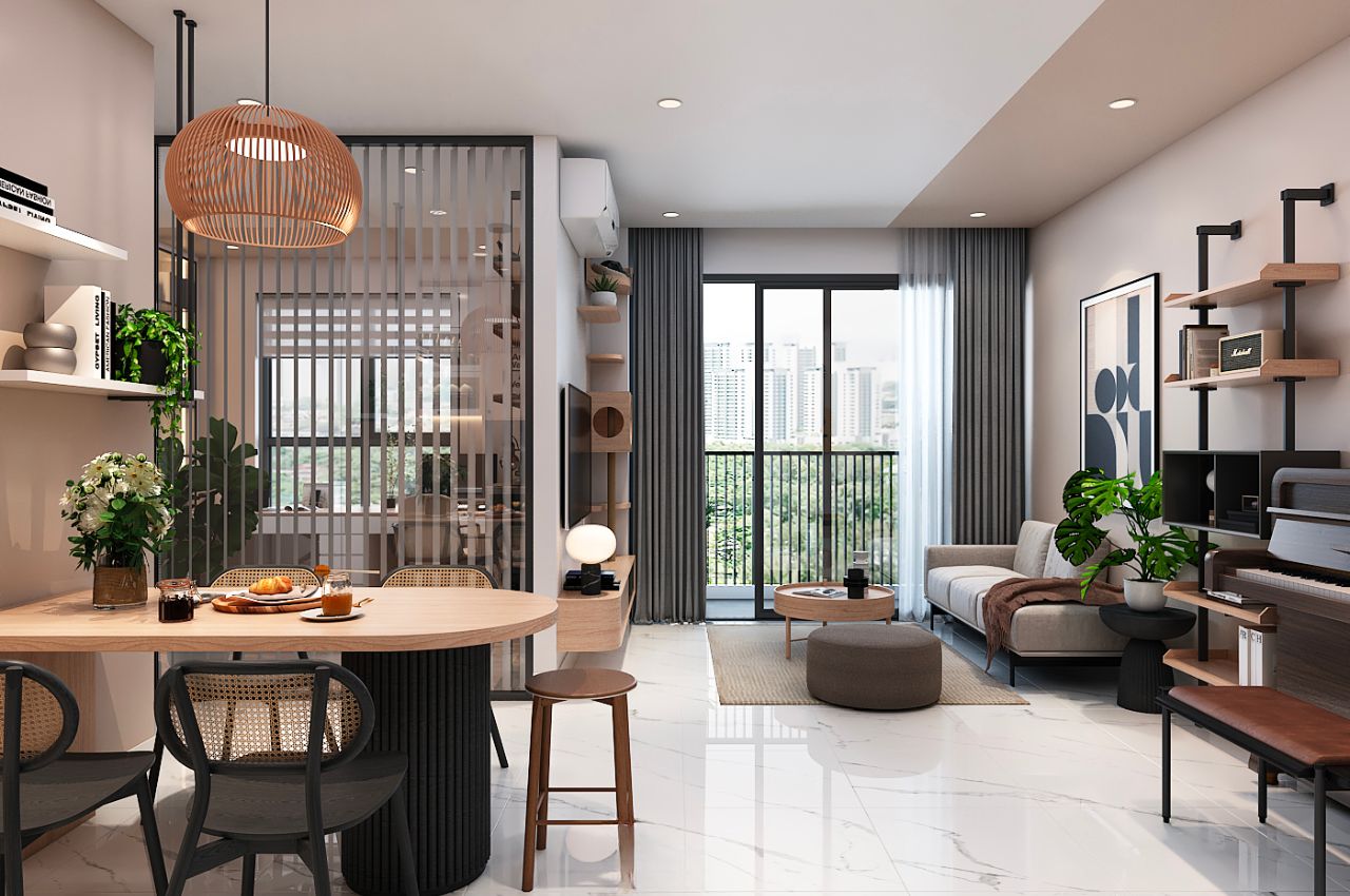 Vách ngăn phòng khách và phòng bếp bằng kính