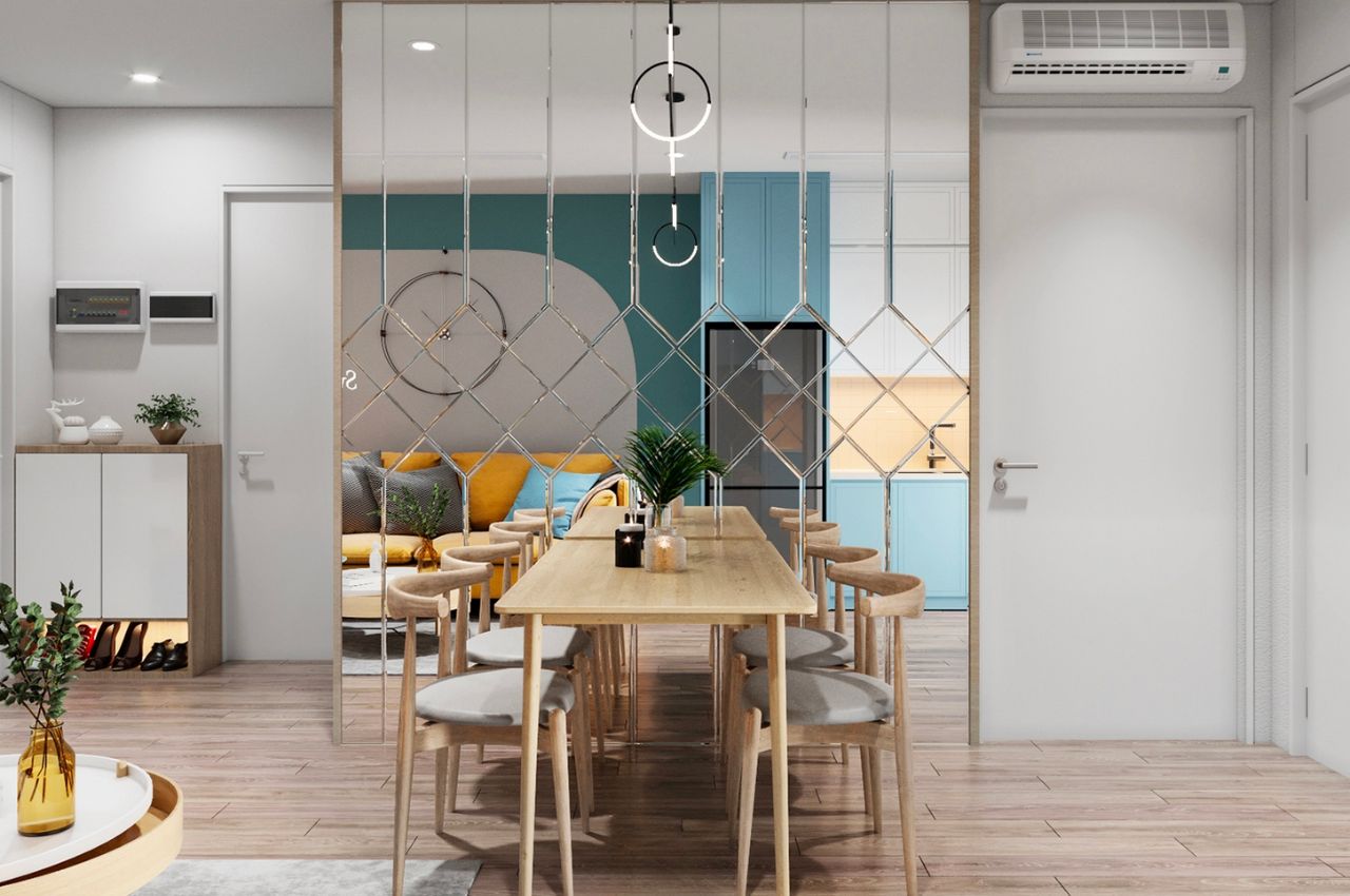 Vách ngăn phòng khách và phòng bếp bằng sắt ấn tượng