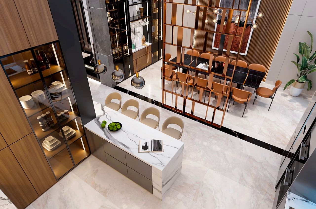 Vách ngăn phòng khách và phòng bếp bằng sắt