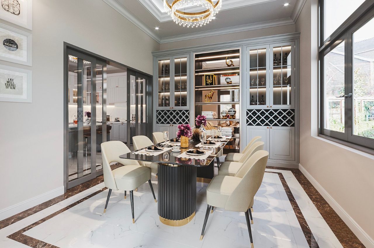 Vách ngăn phòng khách và phòng bếp khung cửa bằng sắt