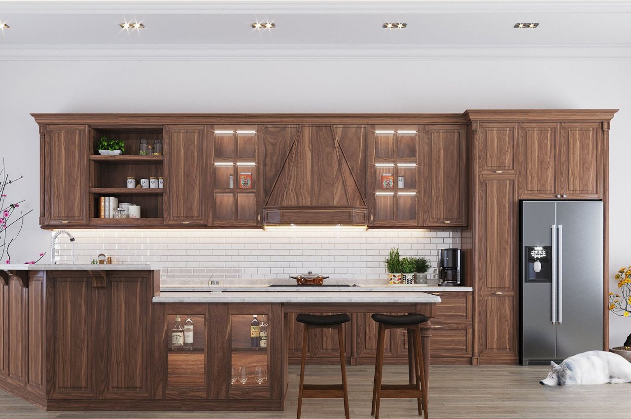 Hệ tủ bếp gỗ sồi sang trọng, cổ điển