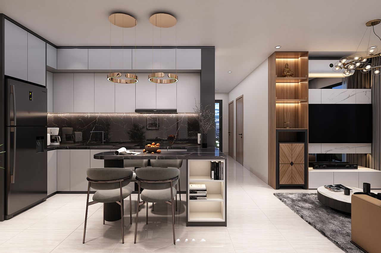 Tủ bếp gỗ công nghiệp màu trắng theo phong cách tân cổ điển