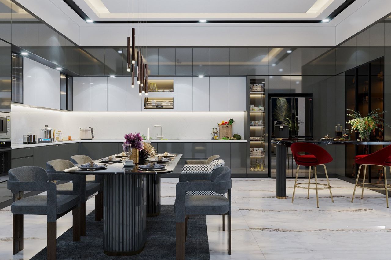 Tủ bếp Acrylic trắng phối xám sang trọng hiện đại