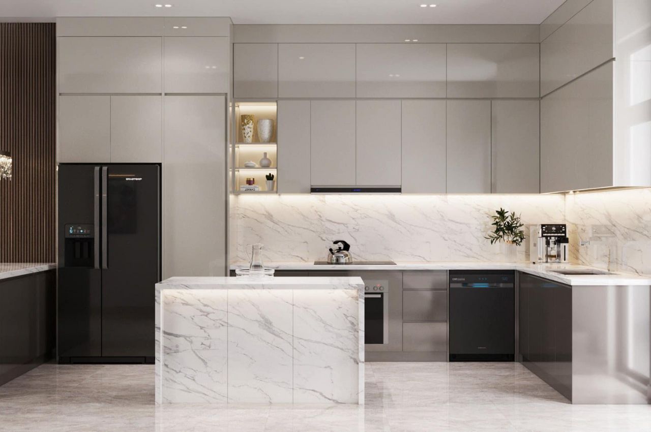 Tủ bếp gỗ công nghiệp sơn trắng hiện đại