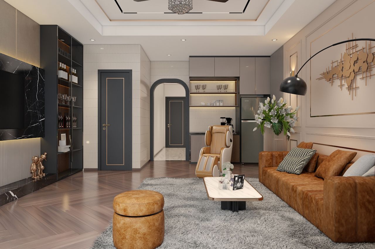 Mẫu phòng khách liền bếp 20m2 hiện đại, mới lạ