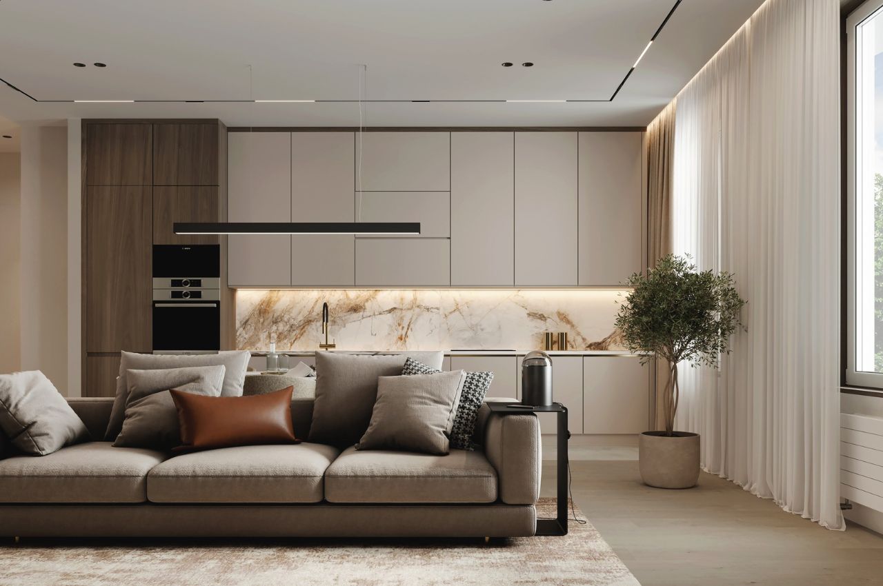 Thiết kế phòng khách liền bếp 20m2 có bàn ăn hiện đại