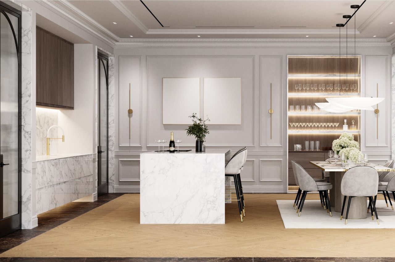 Thiết kế phòng khách nối liền bếp có vách ngăn hiện đại