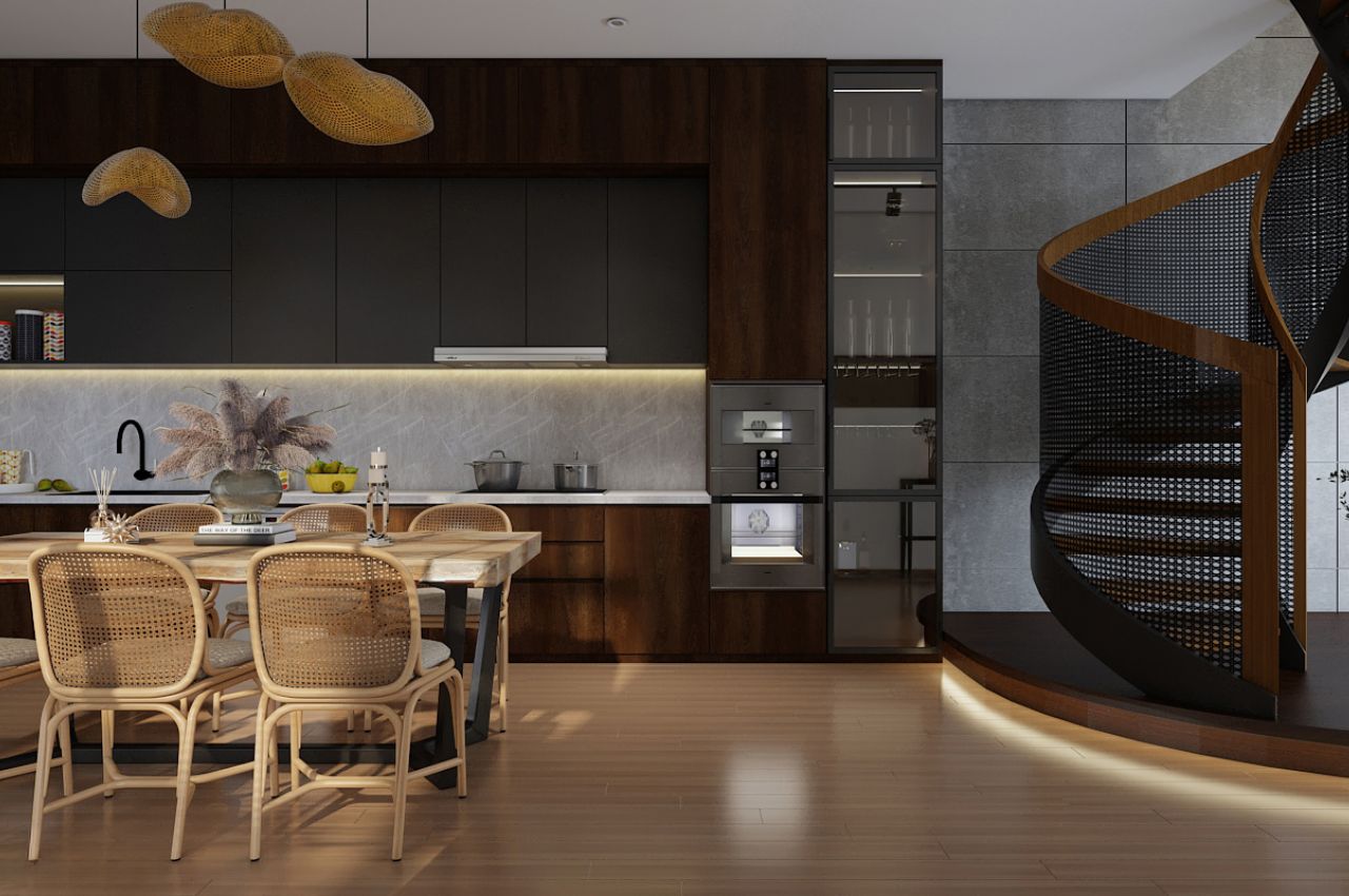 Thiết kế phòng khách liền bếp 20m2 có cầu thang ấn tượng