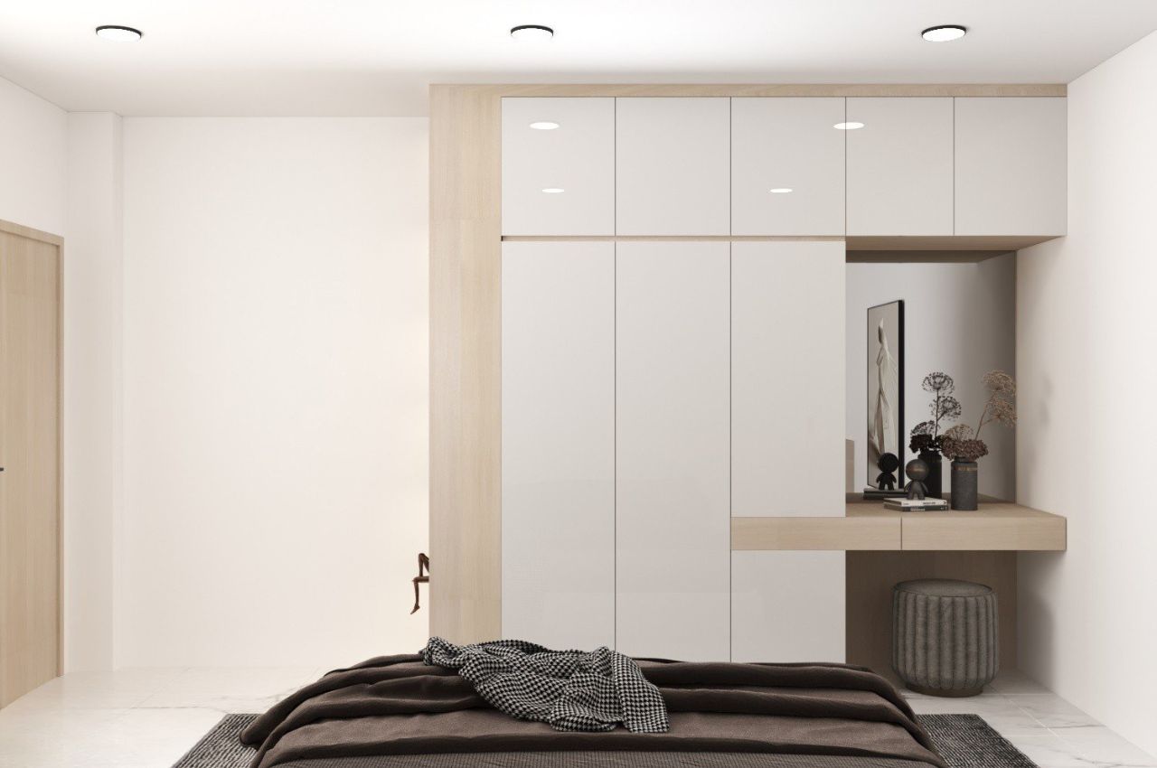 Thiết kế tủ quần áo màu trắng có kệ trang điểm