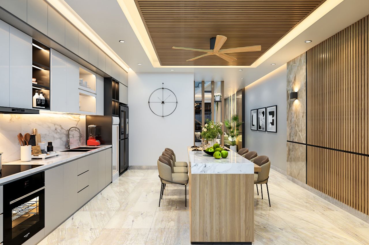 Mẫu nhà bếp tone trắng xám có bàn đảo đa năng