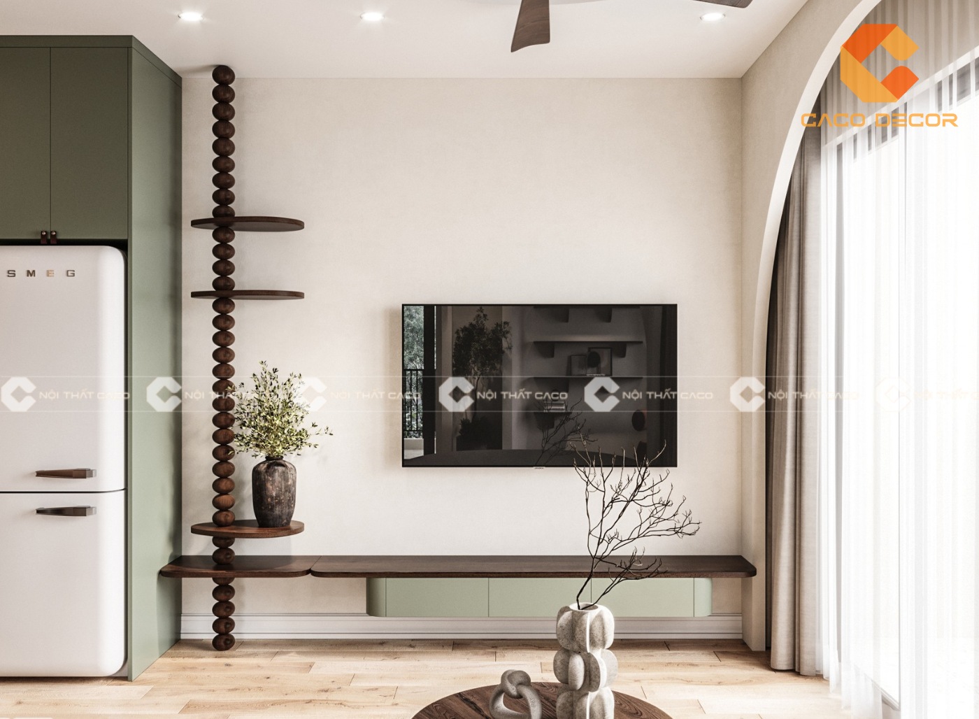 Kệ tivi chung cư bằng gỗ kết hợp sơn xanh mint ấn tượng