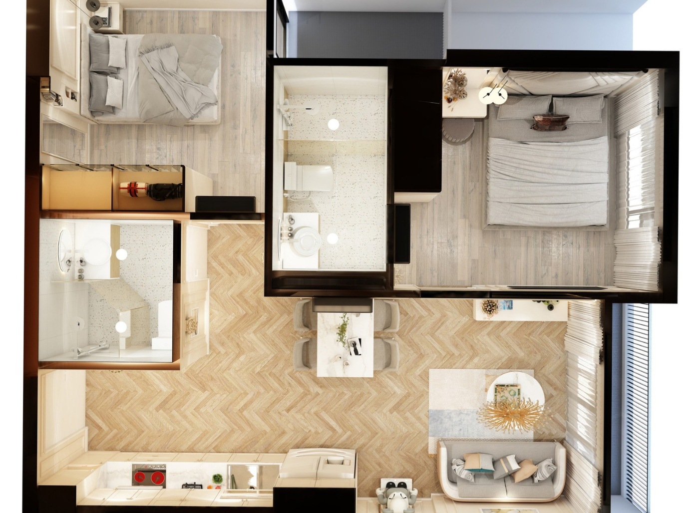 Mô hình 2D mô tả tổng quan nội thất của toàn căn hộ 2 phòng ngủ