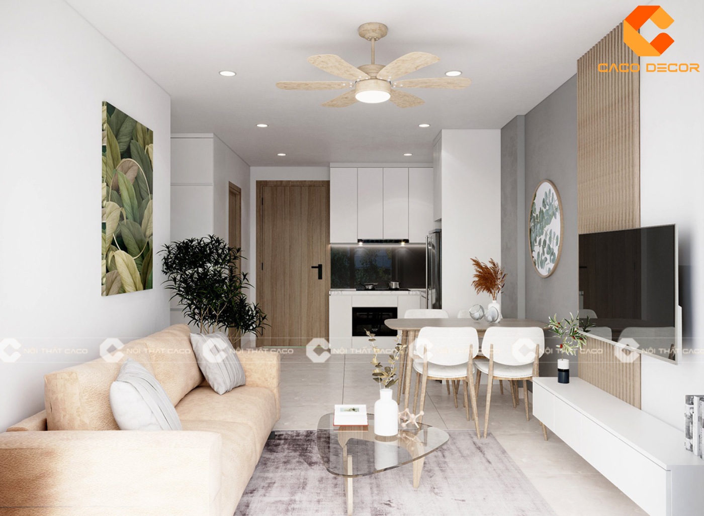 Thiết kế nội thất phòng khách chung cư 2 phòng ngủ với diện tích 55m2