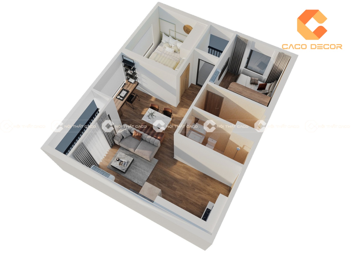 Bản vẻ 3B mô phỏng chung cư 2 phòng ngủ