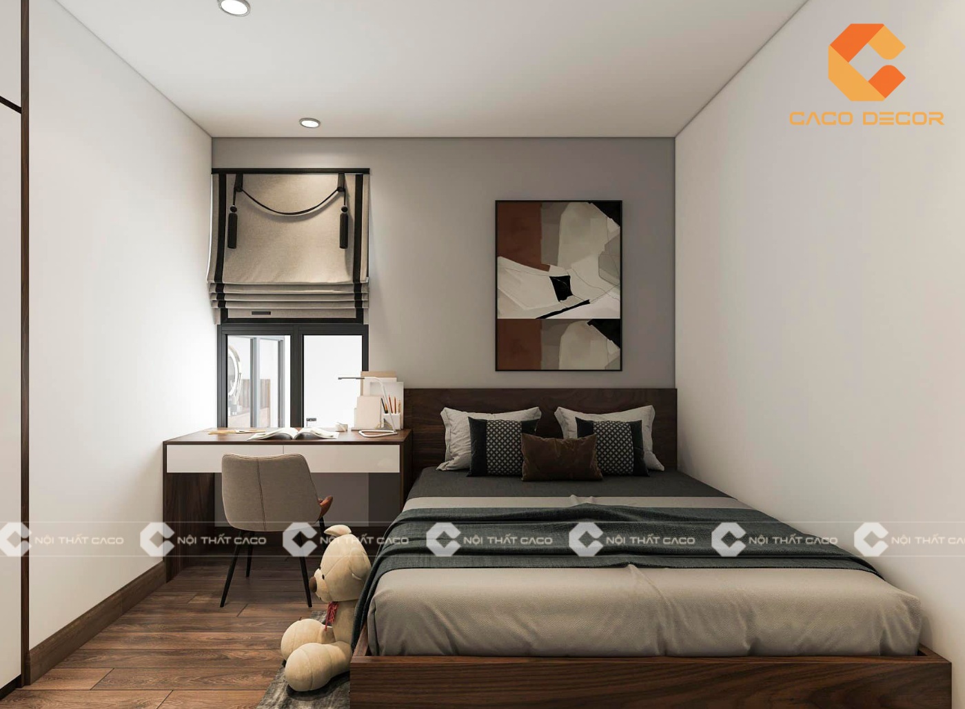 Phòng ngủ 1 trong mẫu thiết kế nội thất chung cư có diện tích dưới 100m2 