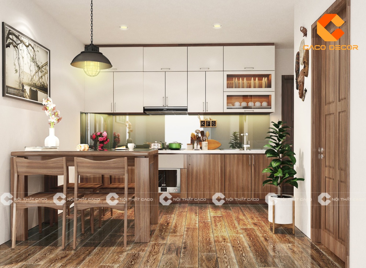 Thiết kế nội thất bếp chung cư gỗ óc chó kiểu 01