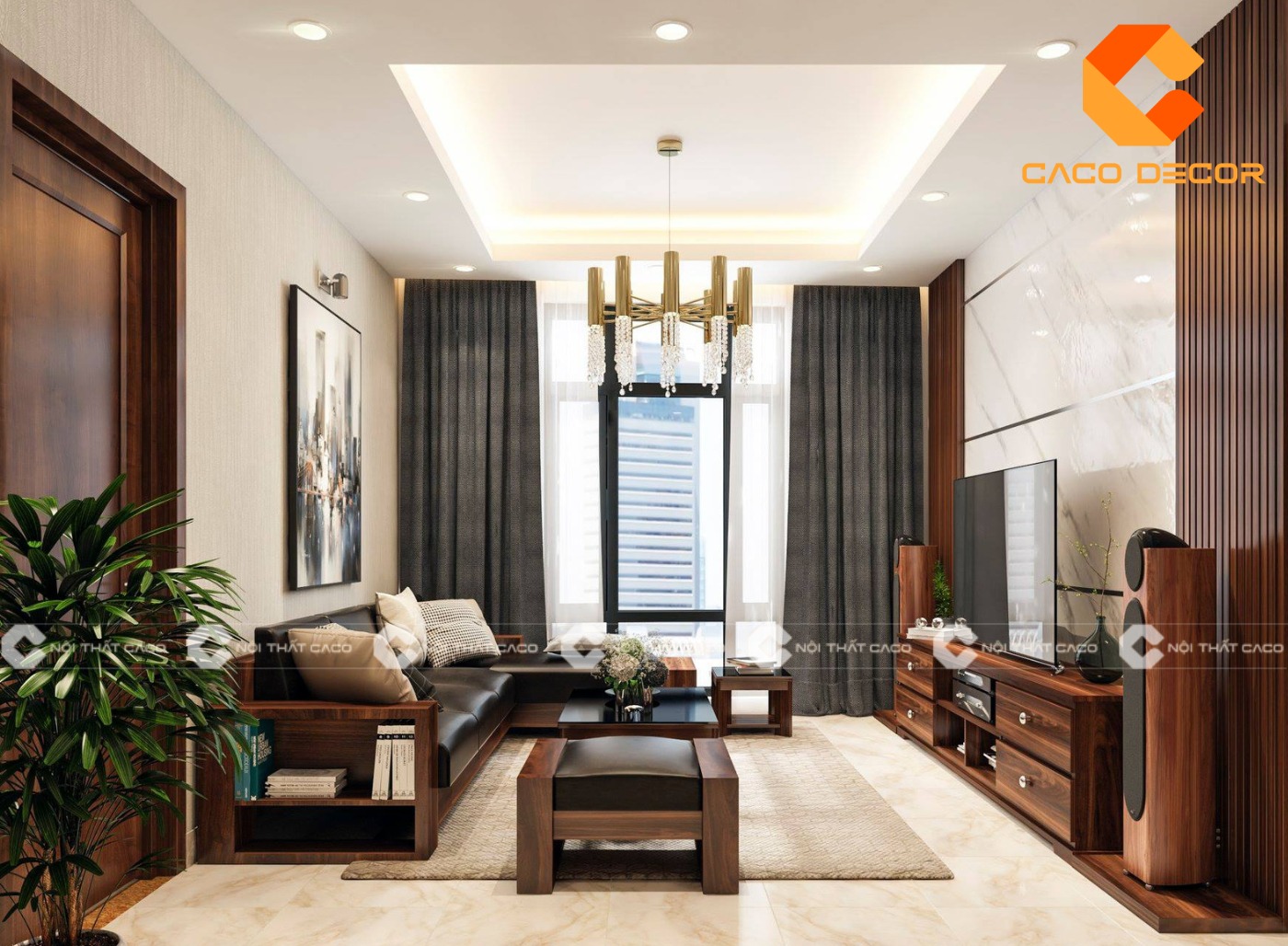 Thiết kế nội thất phòng khách chung cư gỗ óc chó hiện đại kiểu 05