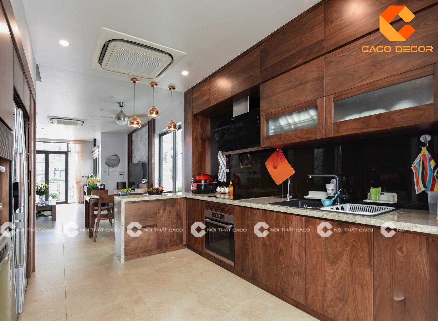 Thiết kế nội thất bếp chung cư gỗ óc chó kiểu 03