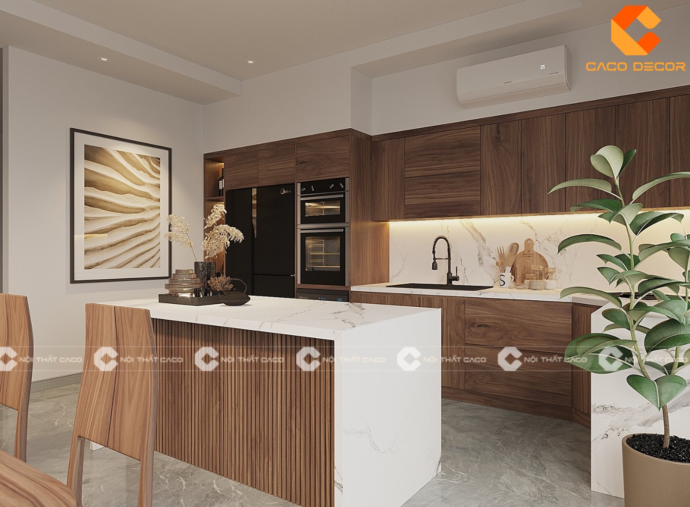 Nội thất bếp gỗ óc chó kết hợp đá sang trọng 