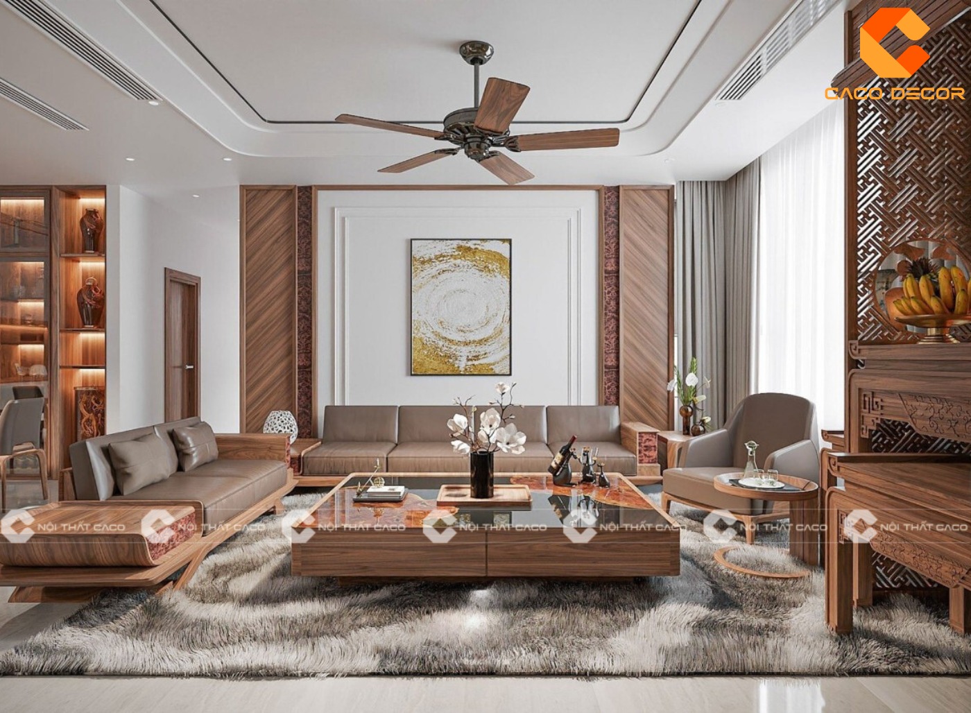 Thiết kế nội thất phòng khách chung cư gỗ óc chó hiện đại kiểu 02