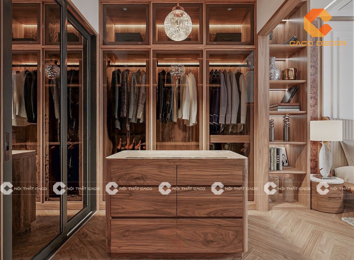 Tủ quần áo gỗ óc chó kết hợp kính sang trọng