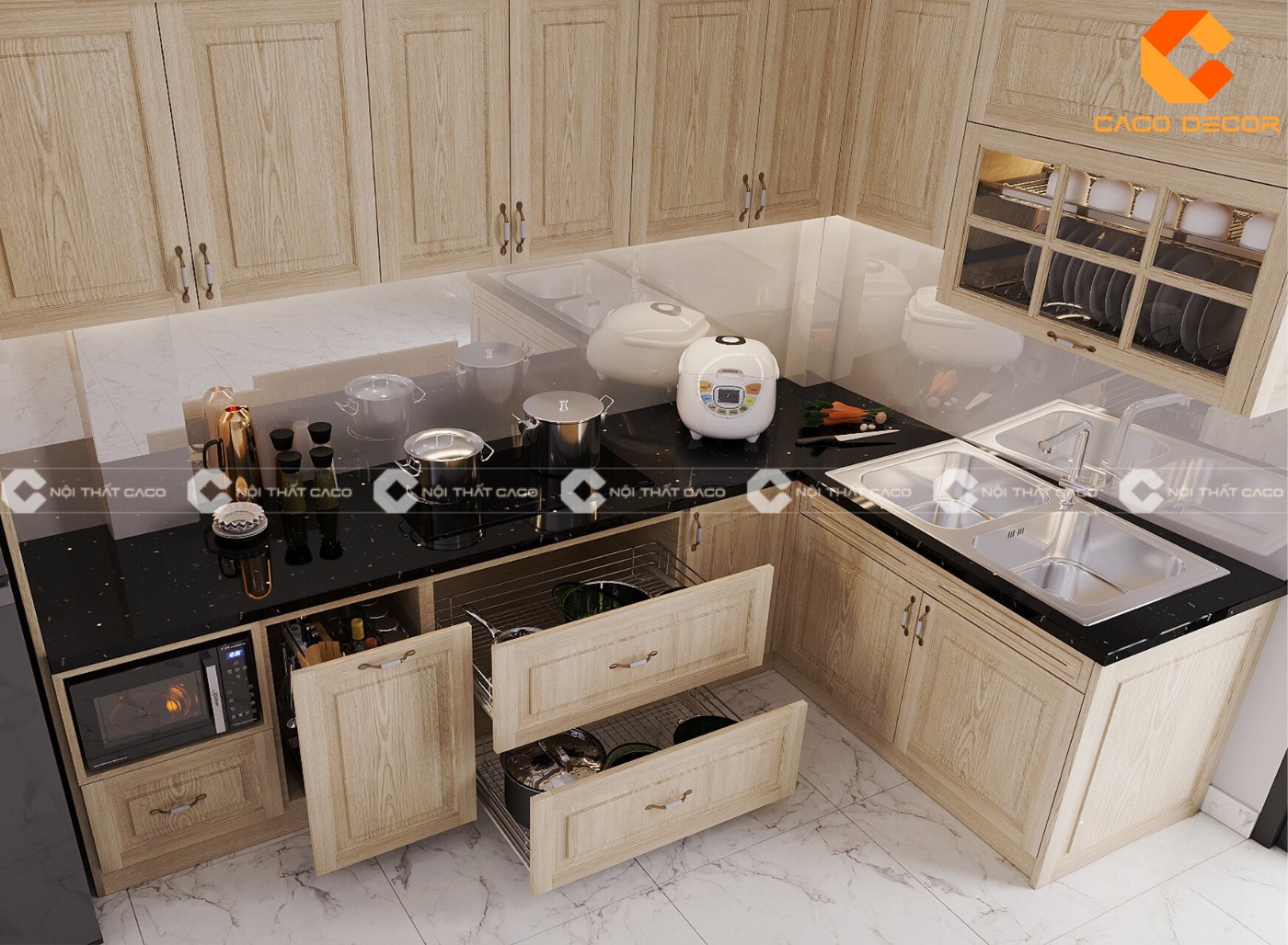 Tủ bếp gỗ sồi mỹ kết hợp mặt đá sang trọng 