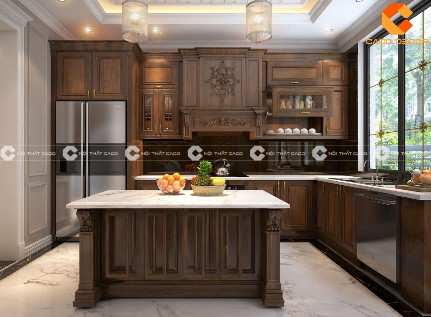 Tủ bếp gỗ tự nhiên mã TBG 08 được sản xuất bởi CaCo