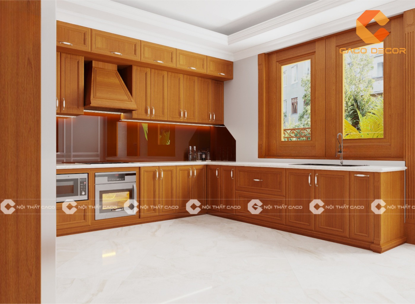 Tủ bếp gỗ xoan đào tự nhiên chống mối mọt tốt