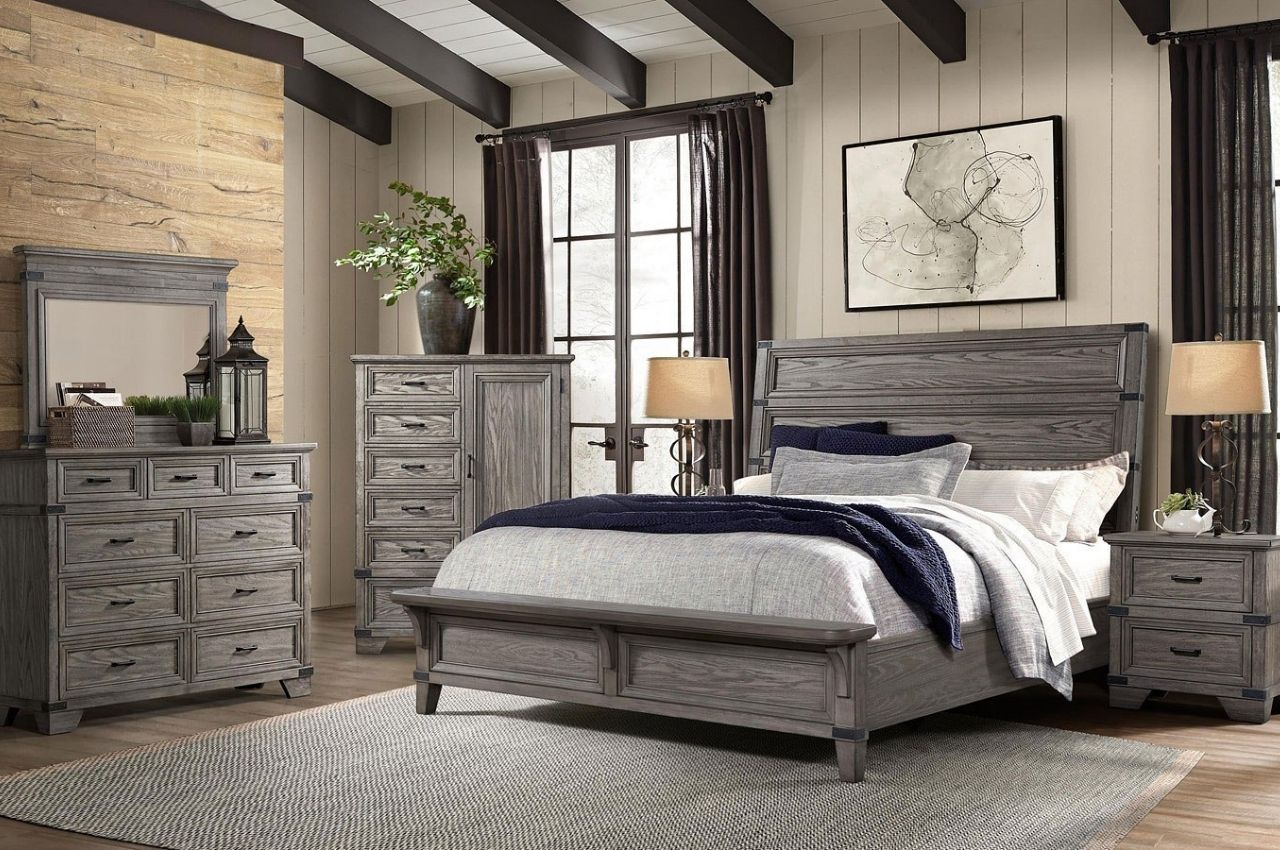  Giường ngủ chân cao được thiết kế theo phong cách cổ điển màu xám chủ đạo