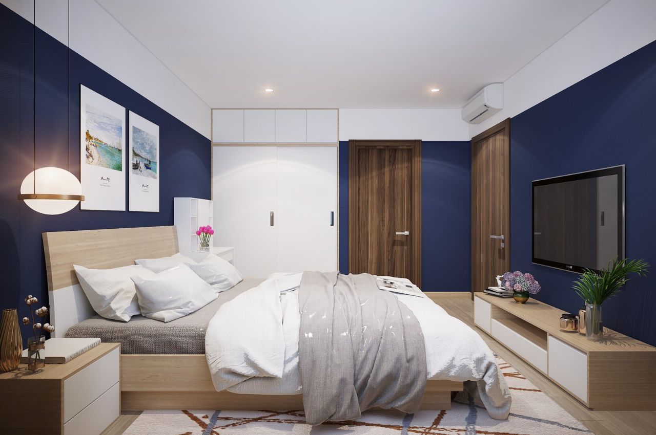 Giường ngủ đôi phong cách cổ điển tone xanh navy