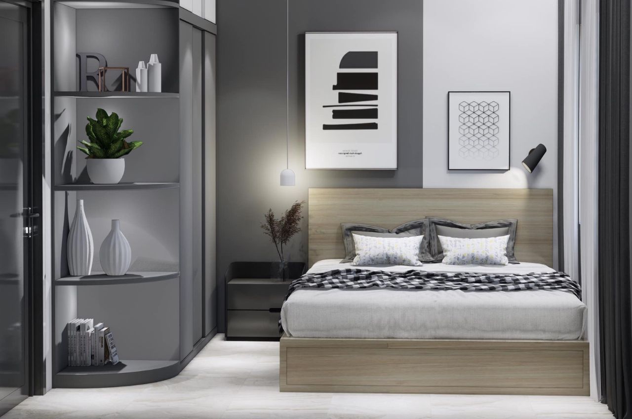 Giường ngủ đôi phong cách hiện đại  tone xám sang trọng