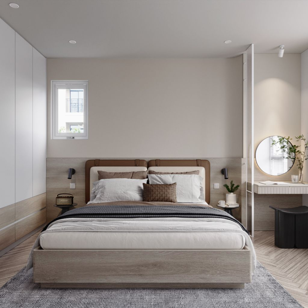 Giường ngủ phong cách Hàn Quốc gỗ công nghiệp có bọc đầu giường