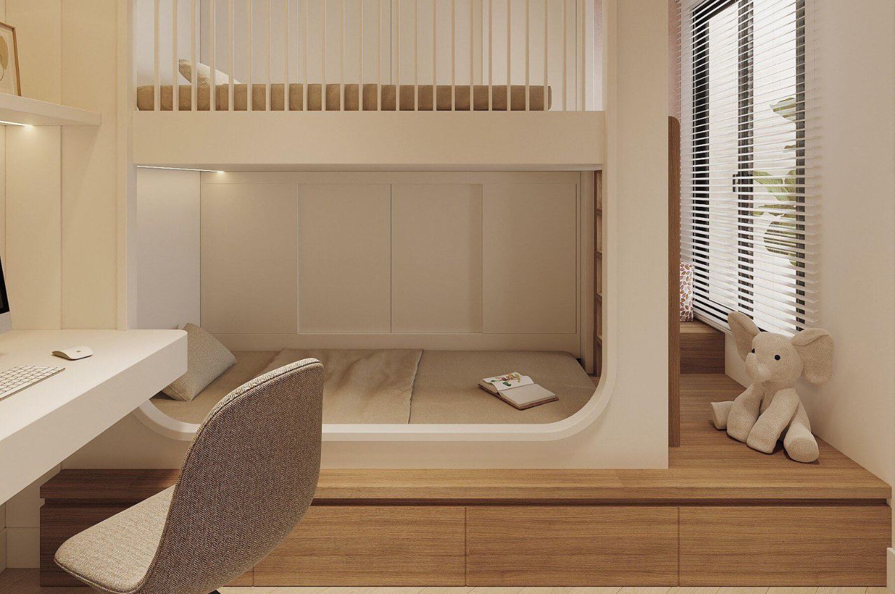 Giường ngủ tầng có học kéo tiết kiệm không gian