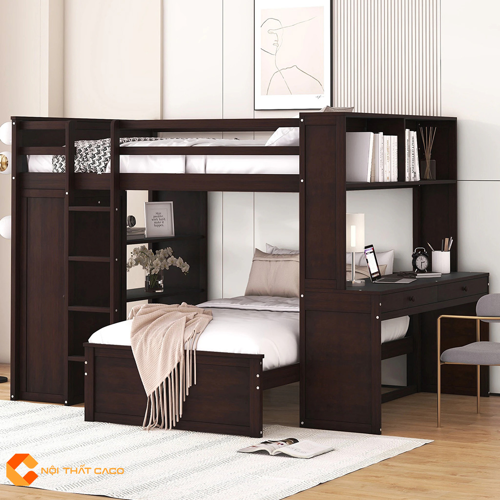 Giường tầng có bàn học gỗ tự nhiên