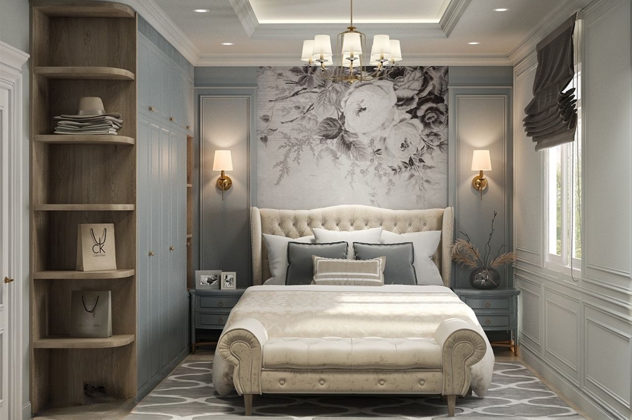 Mẫu giường ngủ bốn chân cao chế tác từ gỗ công nghiệp.bọc nệm