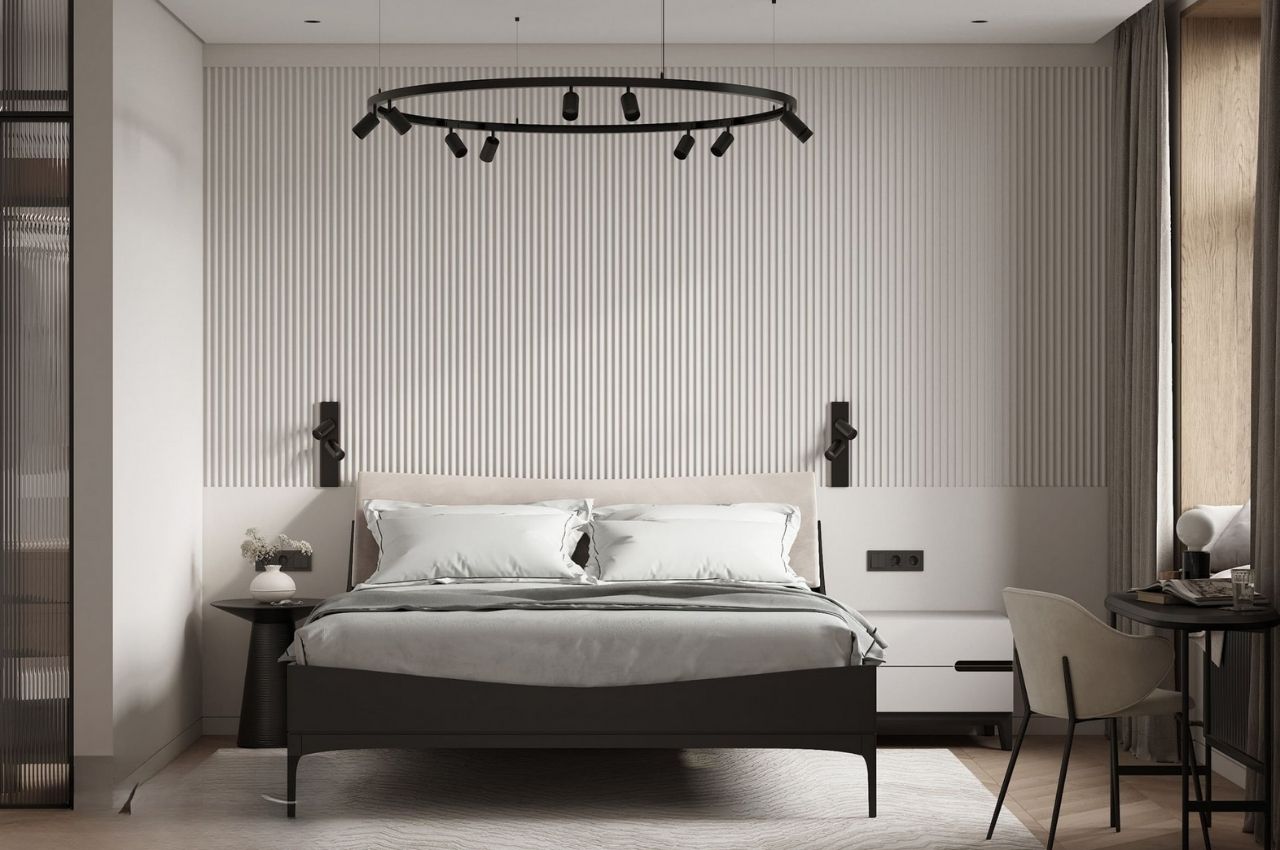 Mẫu giường ngủ bốn chân cao chế tác từ gỗ công nghiệp.tối giản