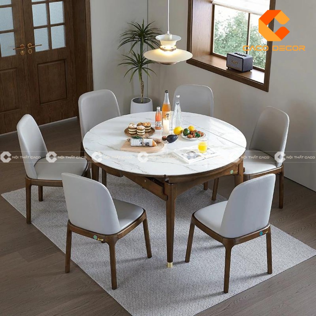 Bộ bàn tròn 6 ghế ngồi mặt đá trắng tinh tế